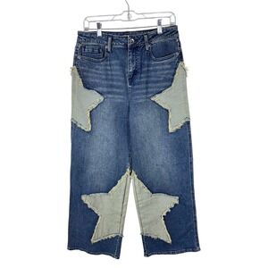 Hot Topic Jeans Sz 9 Wide Leg Two Tone Star Patch Y2K Denim Festival Goth Baggy